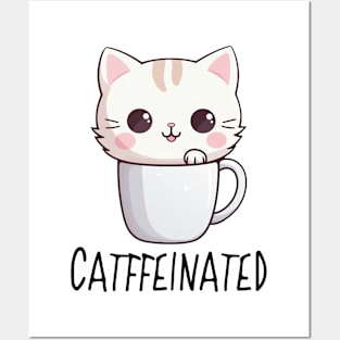 Cute Funny "Catffeinated" Cat Drawing Posters and Art